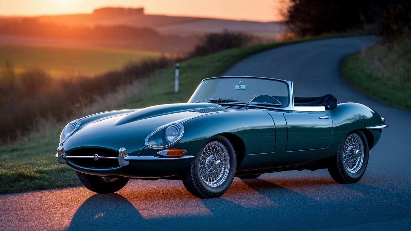 A dramatic cinematic shot of a Jaguar E-Type Series 1 roadster in British Racing Green on a winding English country road at sunset