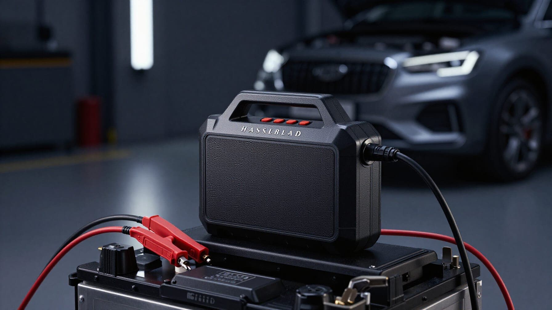 A portable jump starter connected to a car battery in a dramatic, well-lit scene