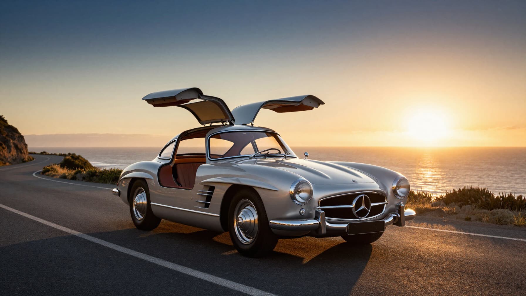 A dramatic cinematic shot of a silver Mercedes-Benz 300SL Gullwing with its iconic doors open on a coastal road at sunset