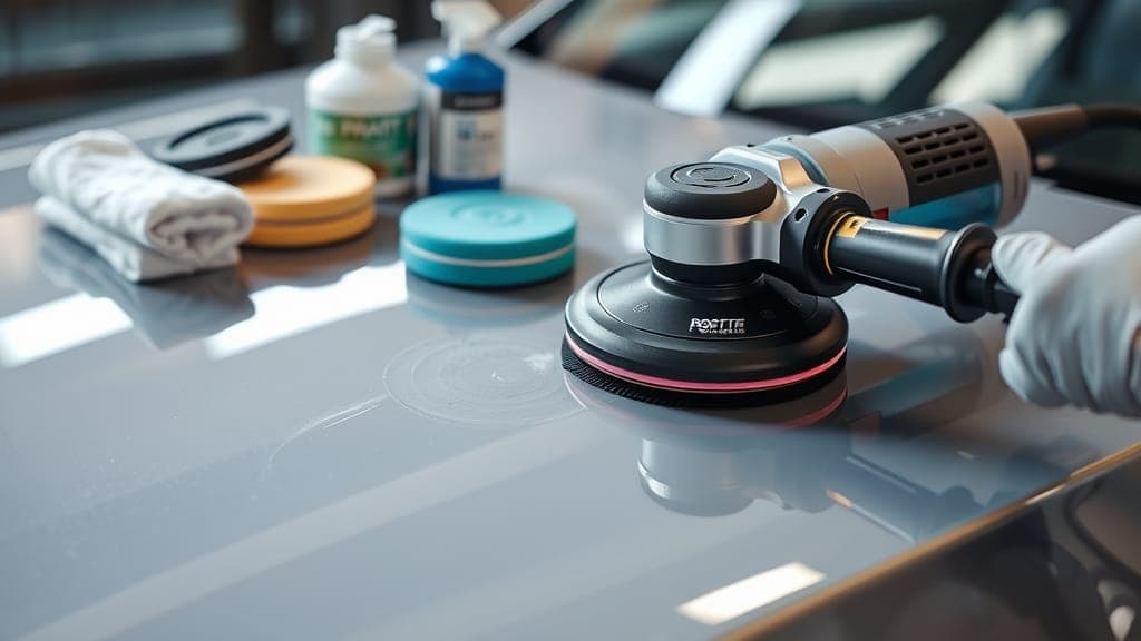 A dual-action polisher on a car hood, surrounded by professional detailing tools
