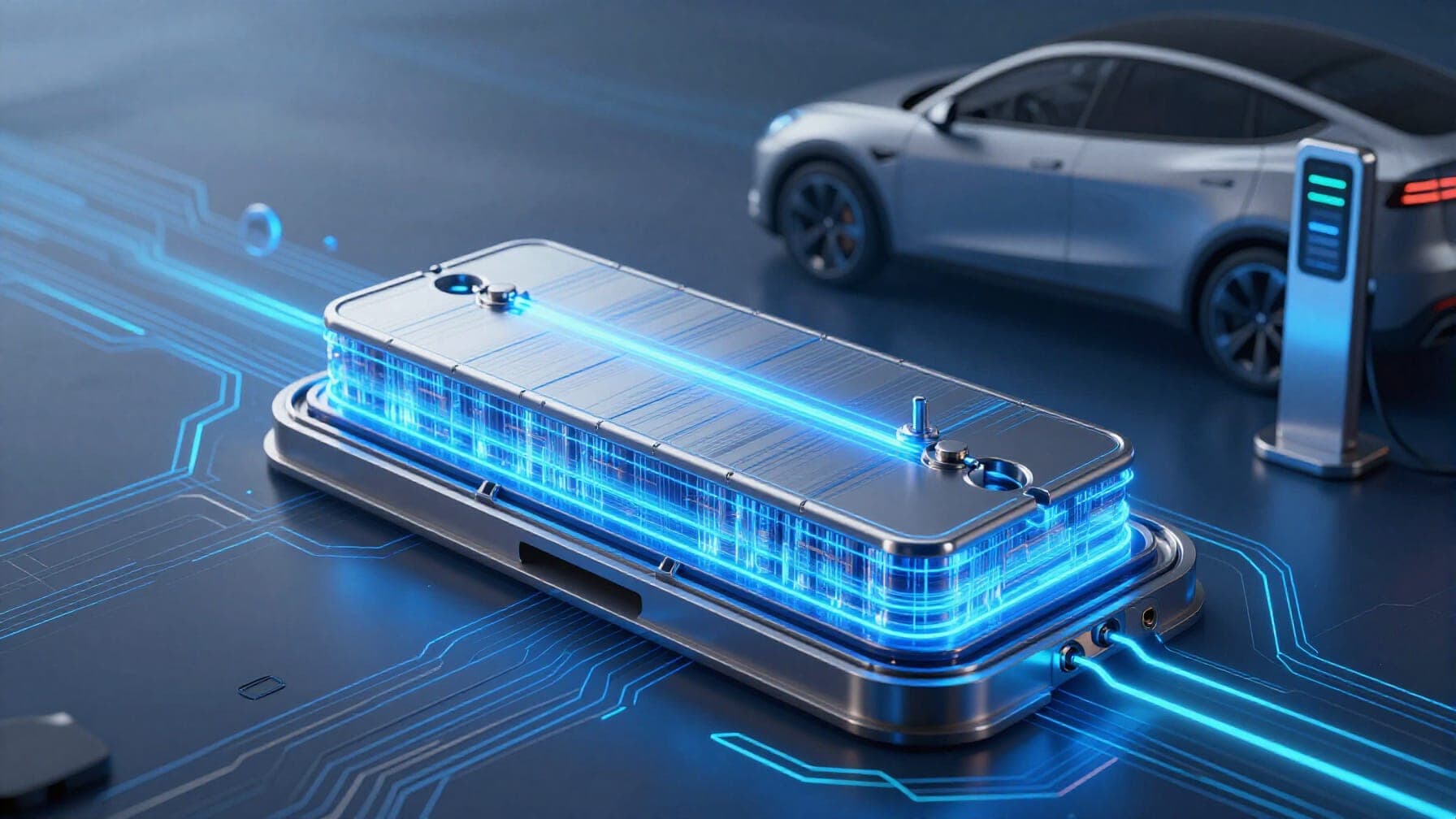 A futuristic cross-section of a solid-state battery cell glowing with blue energy, with an EV silhouette in the background
