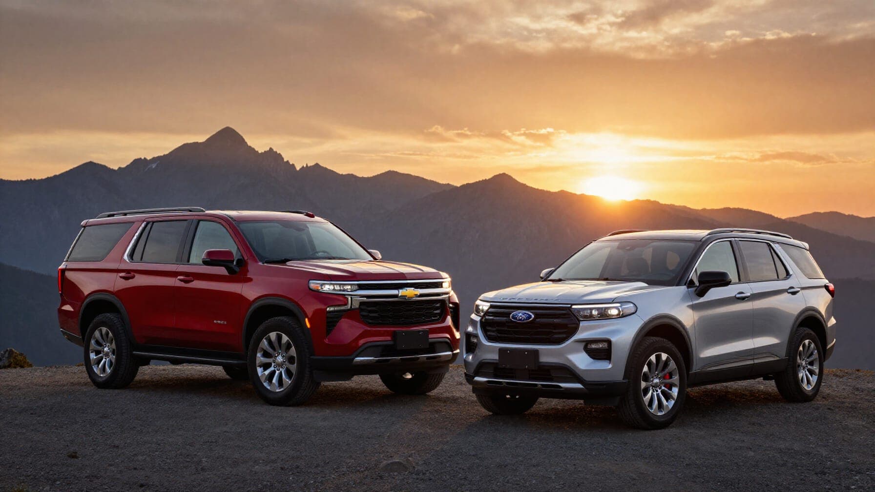 A 2026 Chevrolet Tahoe and Ford Explorer parked side-by-side on a mountain road at sunset