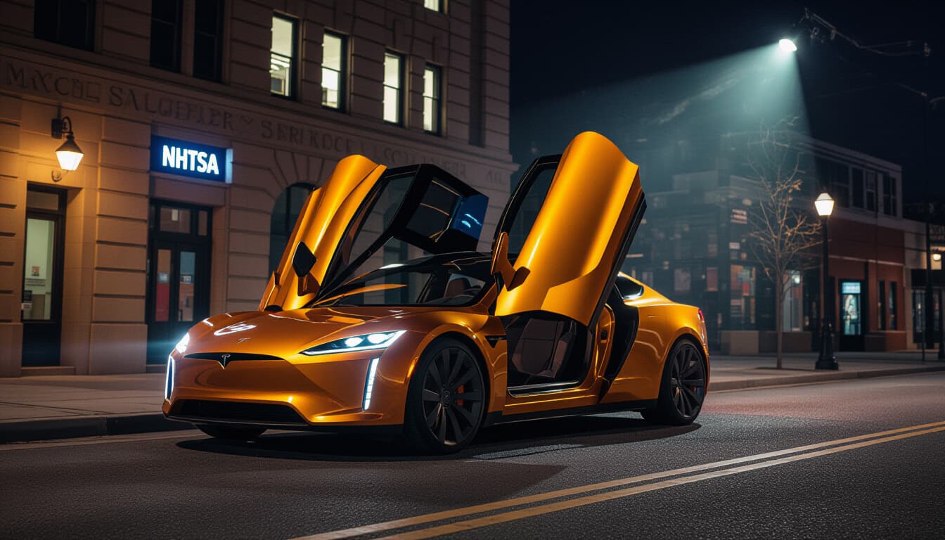 A dramatic nighttime shot of a golden Tesla Cybercab with butterfly doors open on a city street, with a federal regulatory building in the background