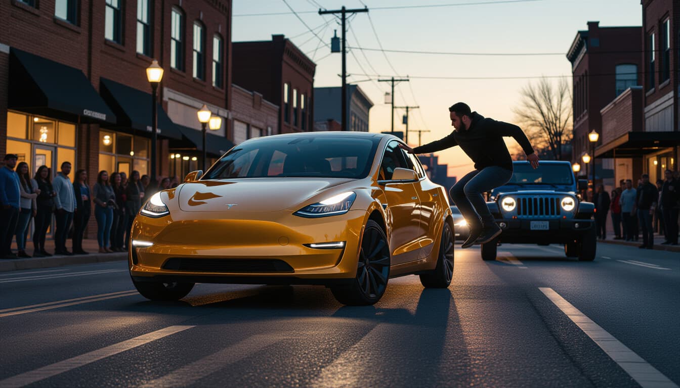 A dramatic shot of a golden Tesla Cybercab stopped on an Austin street as a man jumps in front of it, with traffic backed up behind