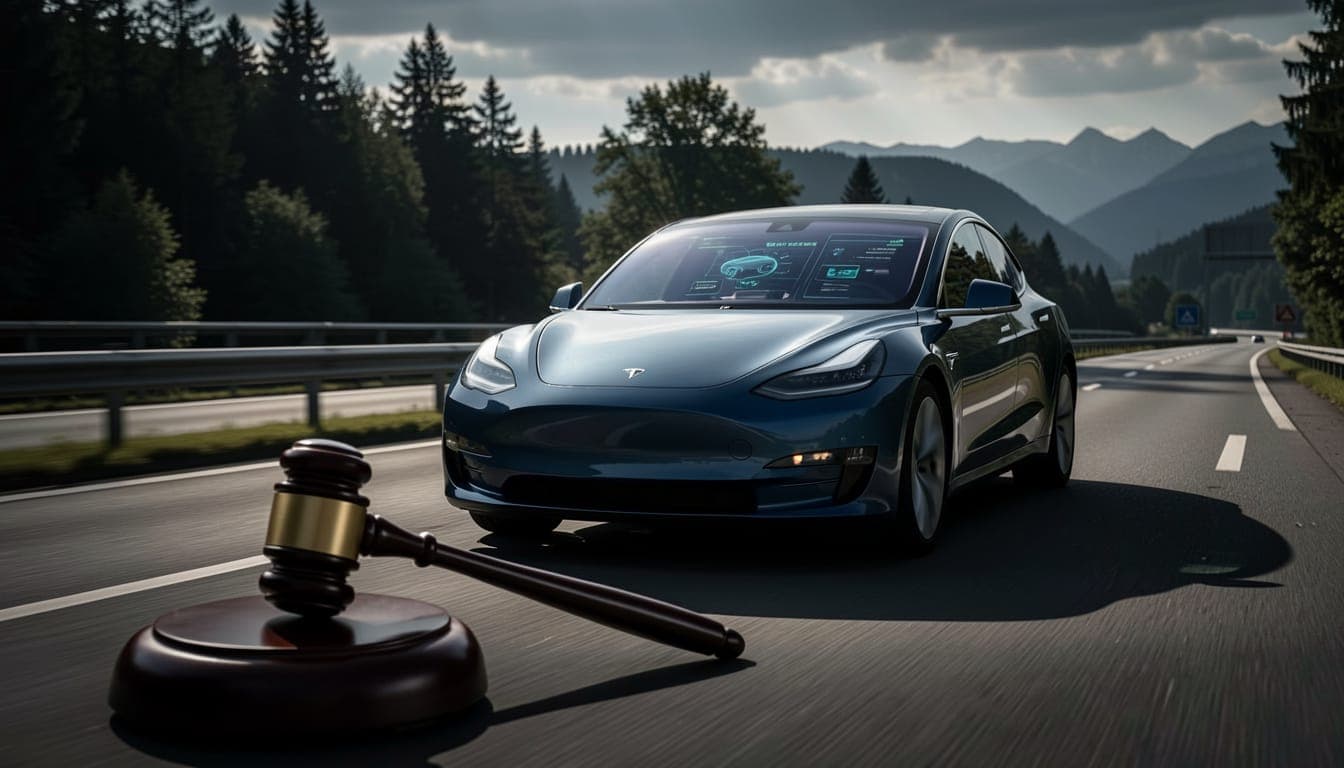A Tesla vehicle driving on a European highway with a courtroom gavel in the foreground