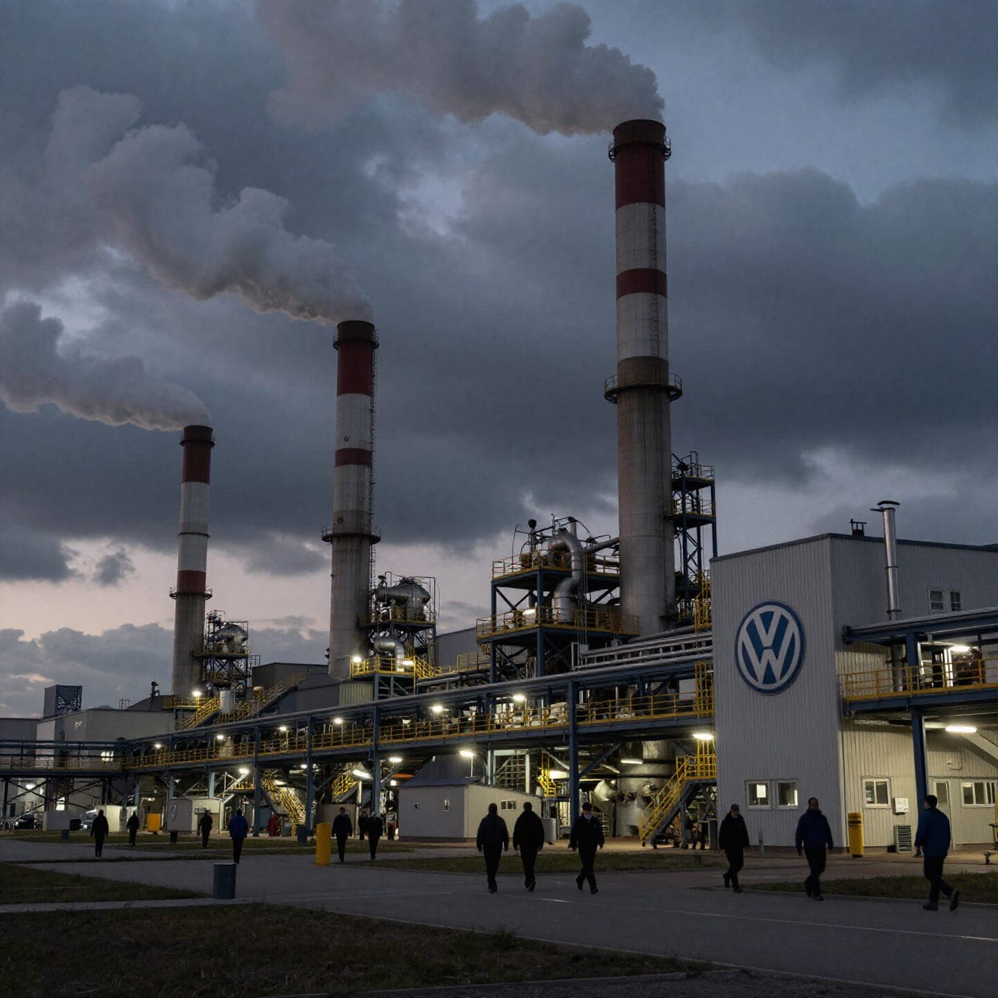 A Volkswagen factory in Germany at dusk, with workers leaving and dark clouds gathering overhead